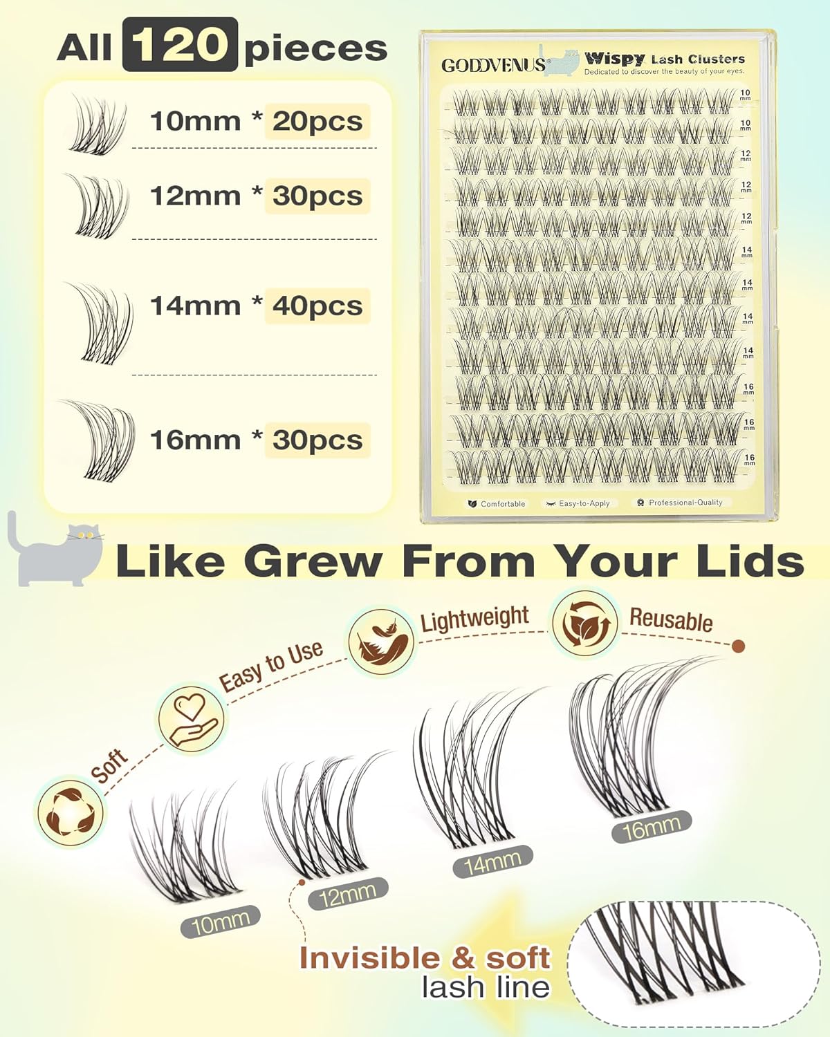 C Curl Wispy Lash Clusters Natural Cluster Eyelash Extensions Waterproof Eyelashes Clusters 10-16mm Clear Band Individual Lashes for DIY Lash Extensions by Goddvenus (120Pcs Soft & weightless)