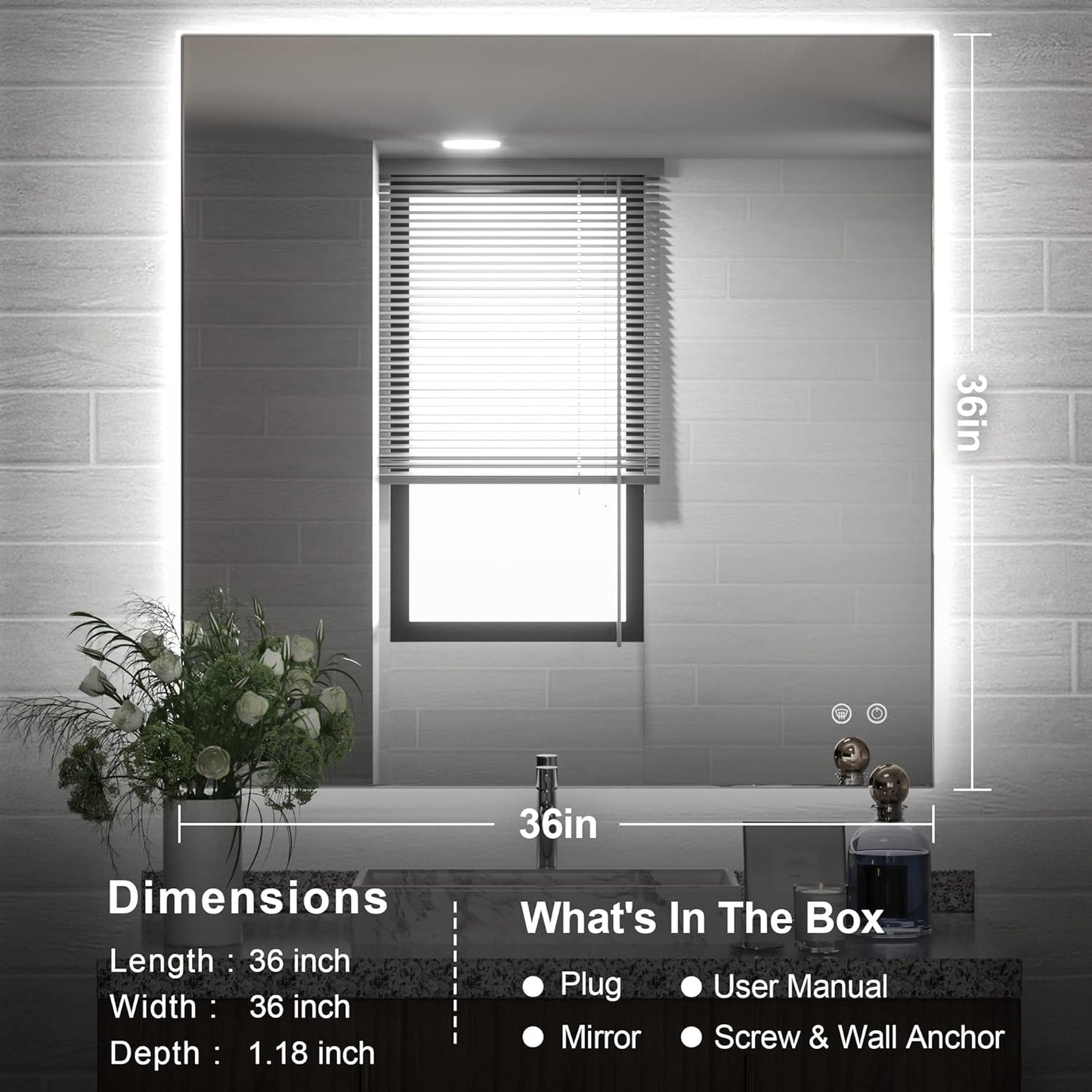 TETOTE 36 x 36 Inch LED Backlit Mirror with Light Bathroom,Anti-Fog,Dimmable,CRI90+,IP 54Water Proof,Vanity Mirror with Light,Wall Mounted,Horizontal/Vertical