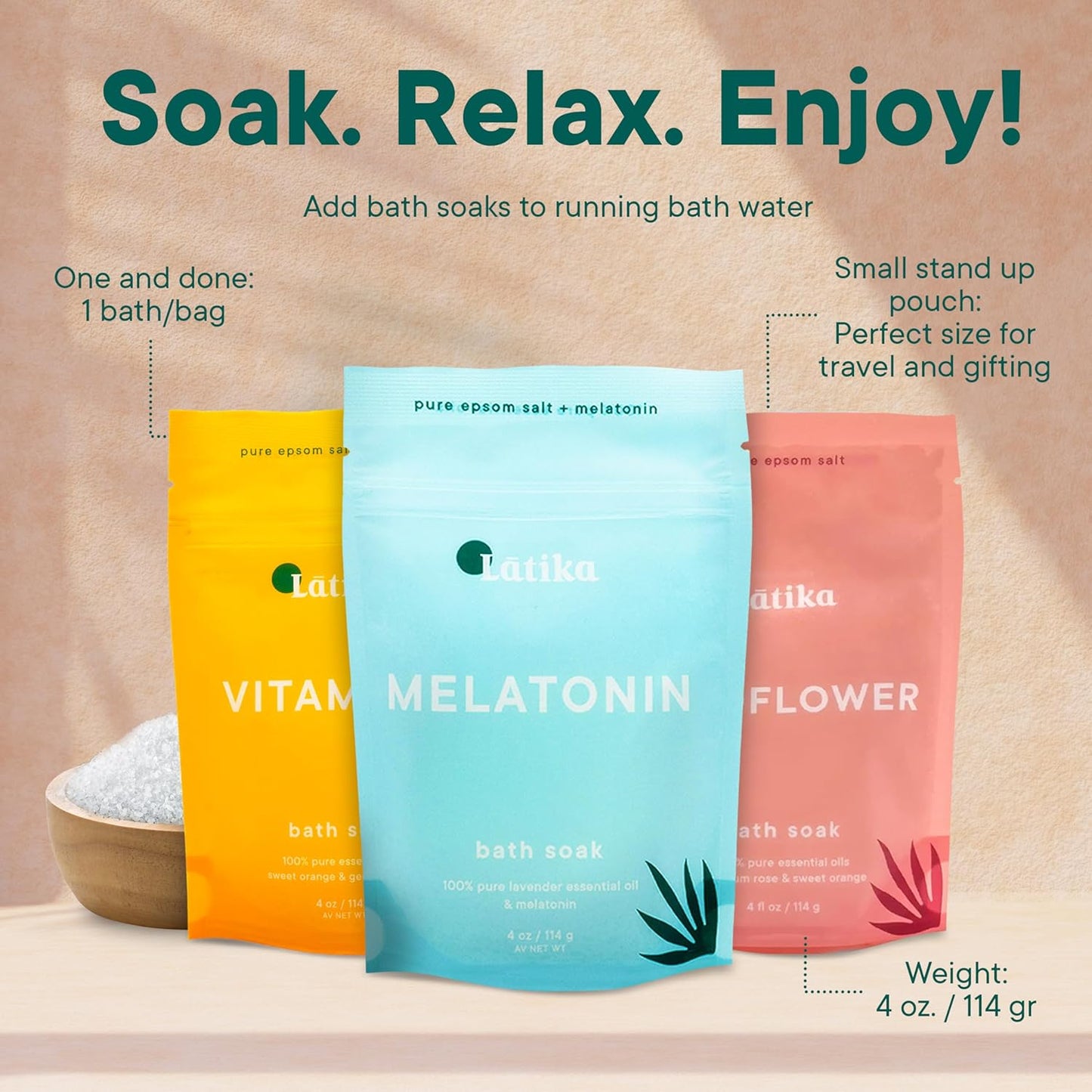 Soaks Set of 3 - Wildflower, Melatonin, Vitamin C - Moisturizing Bath Soak with Epsom Salt & Essential Oils for Stress Relief, Muscle Recovery, & Relaxation - at-Home Spa