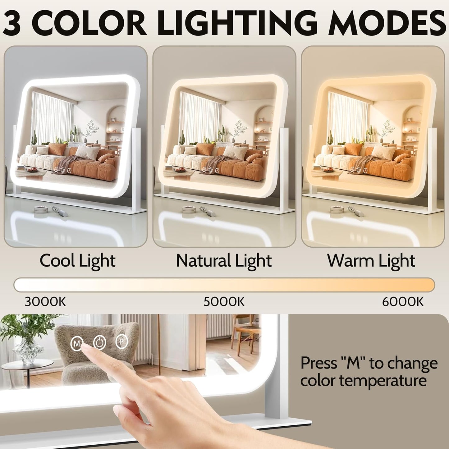 Lighted Makeup Mirror, 17"x13" Vanity Mirror with Lights and 10X Magnification, 3 Color Lighting Modes, Smart Touch Control, 360° Rotation for Bedroom or Tabletop (White)