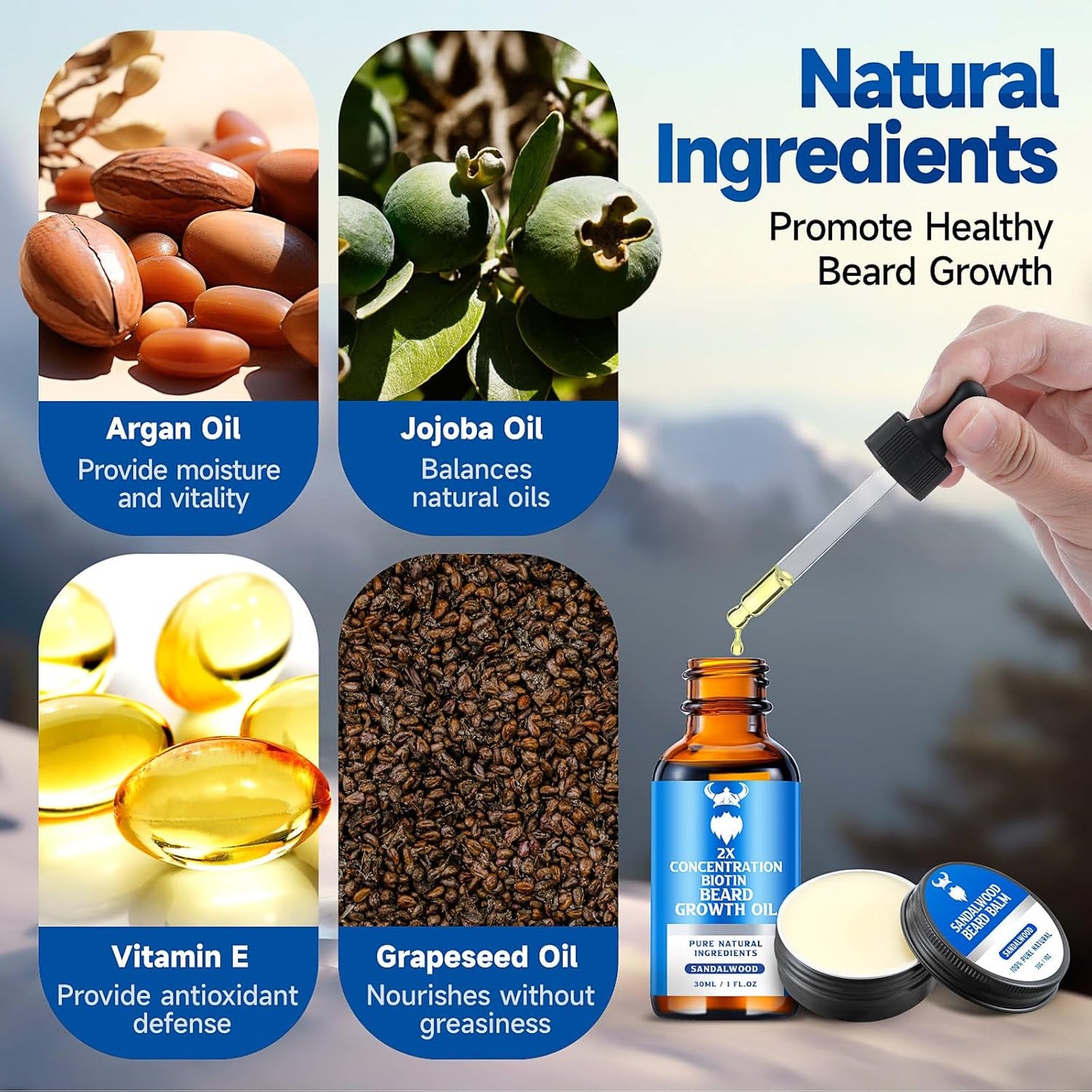 Beard Growth Oil & Beard Balm - Beard Growth Kit with 2X Concentration Biotin for Men, Natural Ingredients with Argan Oil, Jojoba Oil and Vitamin (Sandalwood)