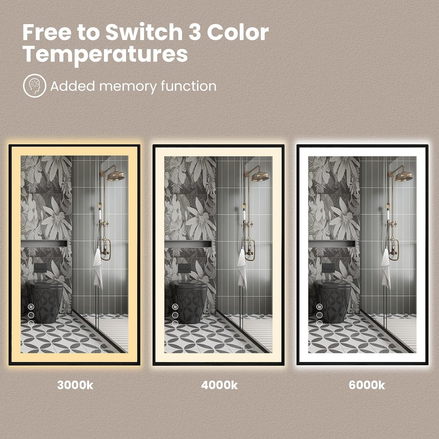 Amorho 40"x 30" LED Bathroom Mirror with Black Frame, Front Light and Backlit(Controlled Separately), Stepless Dimmable, Anti-Fog, Shatter-Proof, 3 Colors, Memory