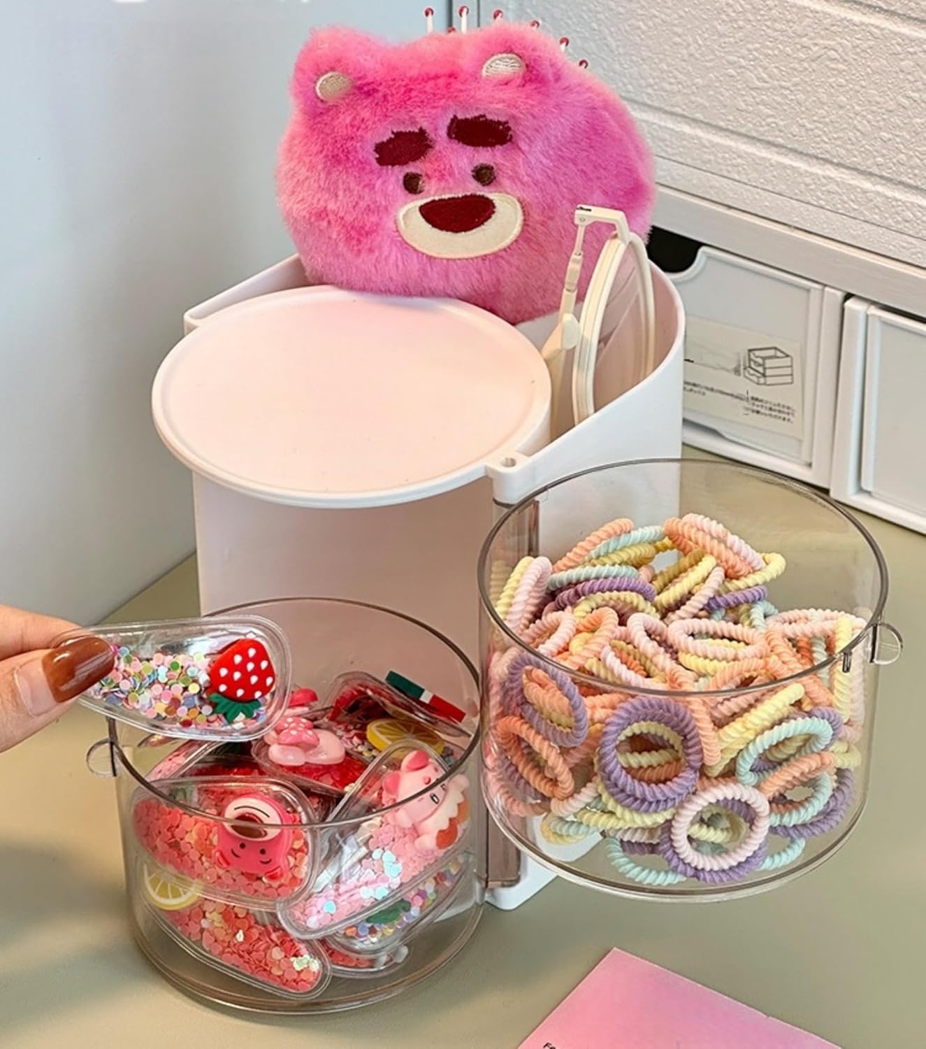 Hair Accessories Organizer with Hair Brush Holder, Rotatable Makeup Brush Holder for Necklaces, Earring, Bracelet, Ring, Makeup Brushes, Hair Clip and Hair Accessories (Pink, 2-Layer)