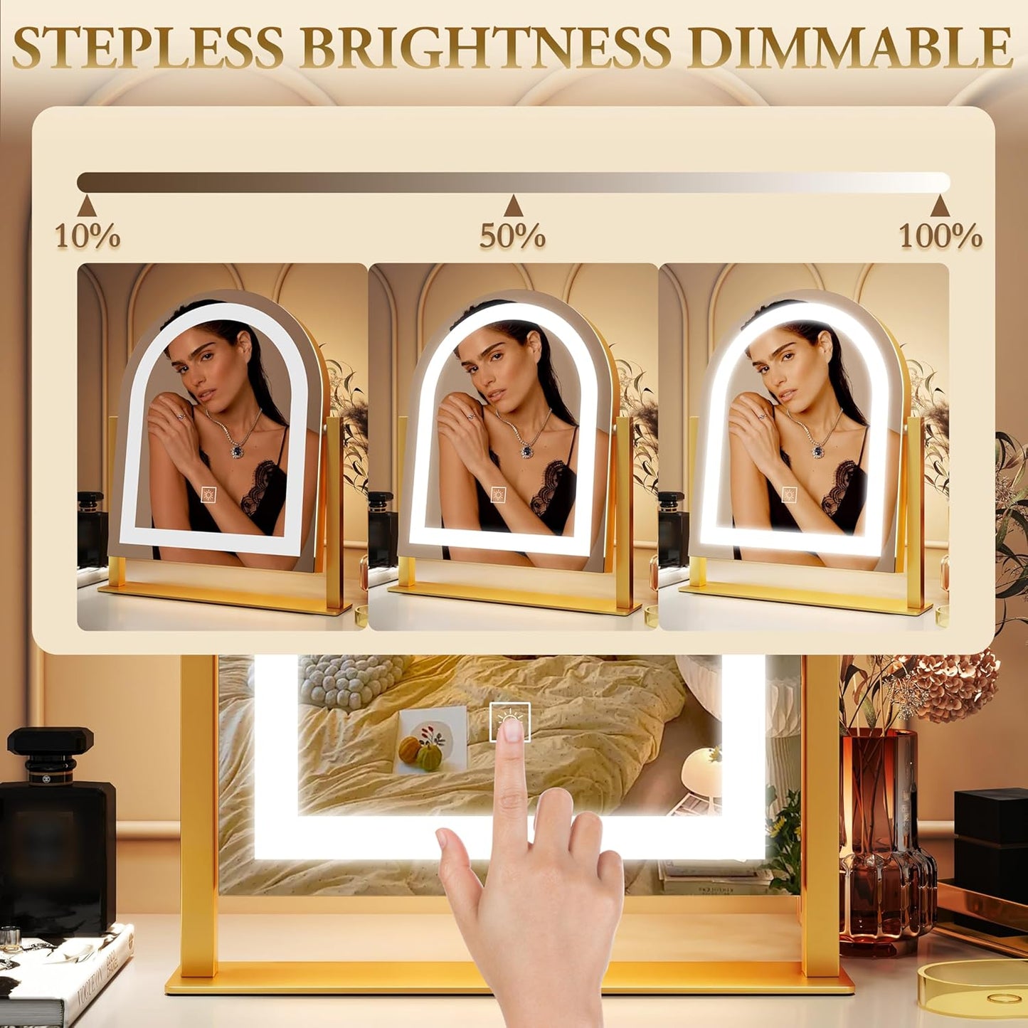 Lighted Makeup Mirror with 3-Color Dimmable Lighting, with Removable 10x Magnifier, Smart Touch Control, 360° Rotation, 15" x 13" Hollywood Vanity Mirror for Tabletop Desk (Gold)