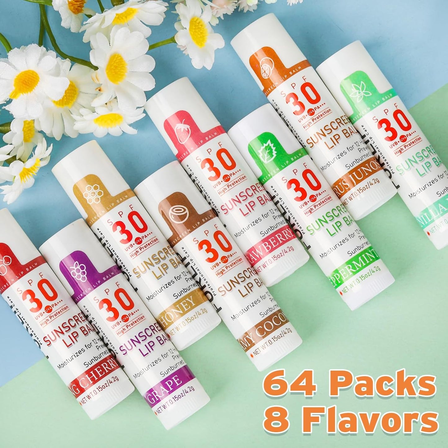 SPF 30 Sunscreen Lip Balm, Bulk Travel Size-64 Pack, Hydrating with Vitamin E & Coconut Oil- 8 Flavors