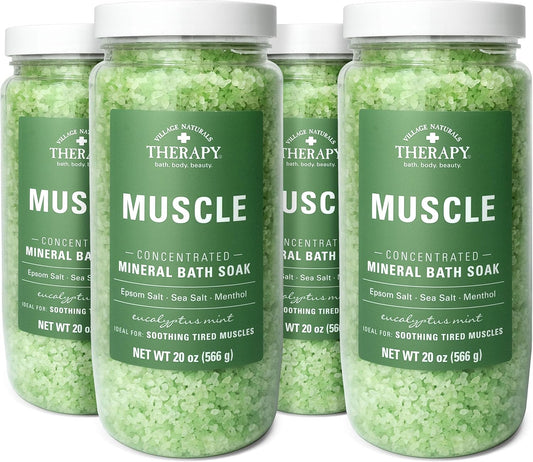 Village Naturals Therapy, Muscle Concentrated Mineral Bath Soak, Eucalyptus Mint Scent, 20 oz, Pack of 4