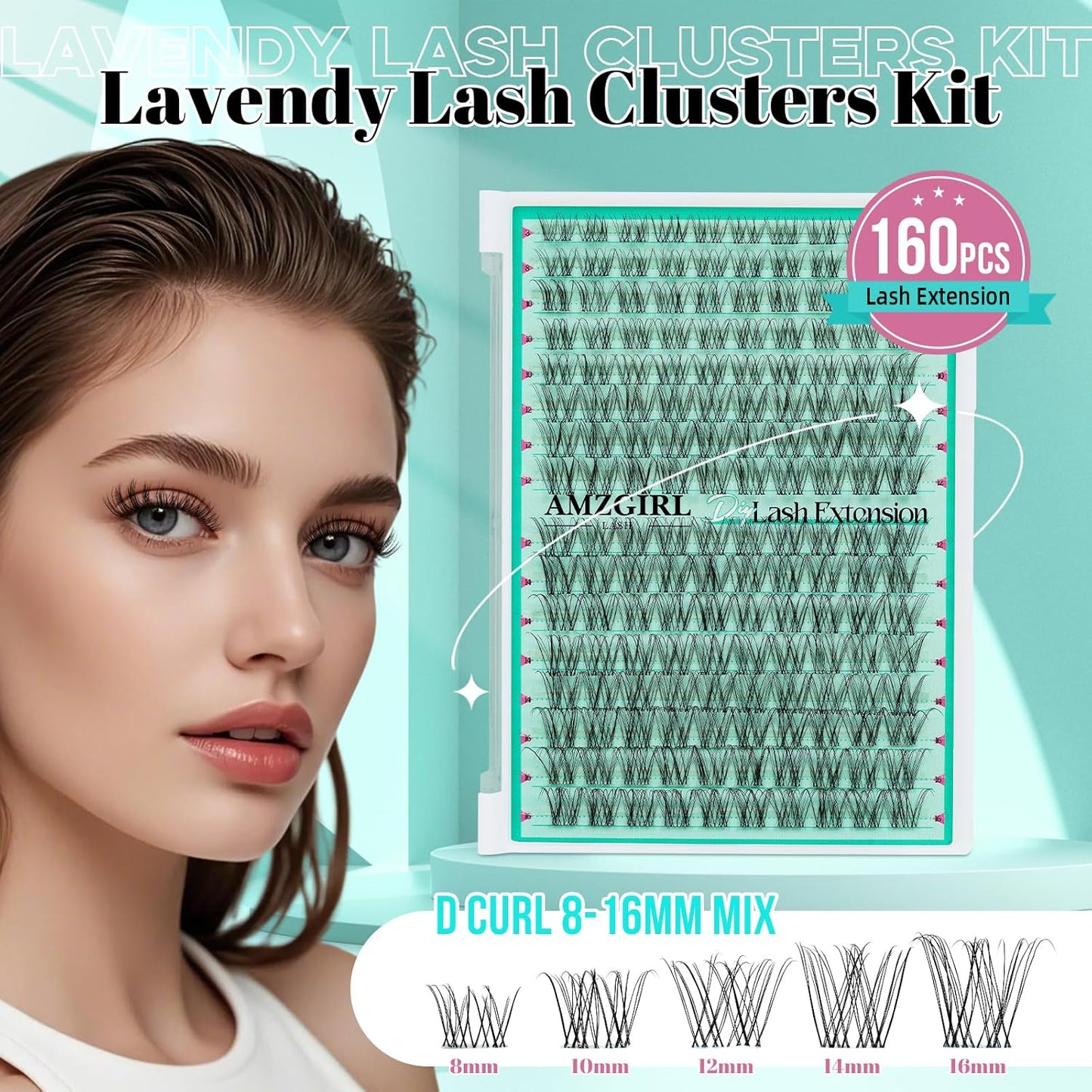 Lash Clusters 160PCS Invisible Eyelash Band Clusters with Natural Eyelashes Cluster Wide Stem Eyelash Extensions Individual Wispy Lashes Cluster(Lavendy,D-Mix8-16mm)