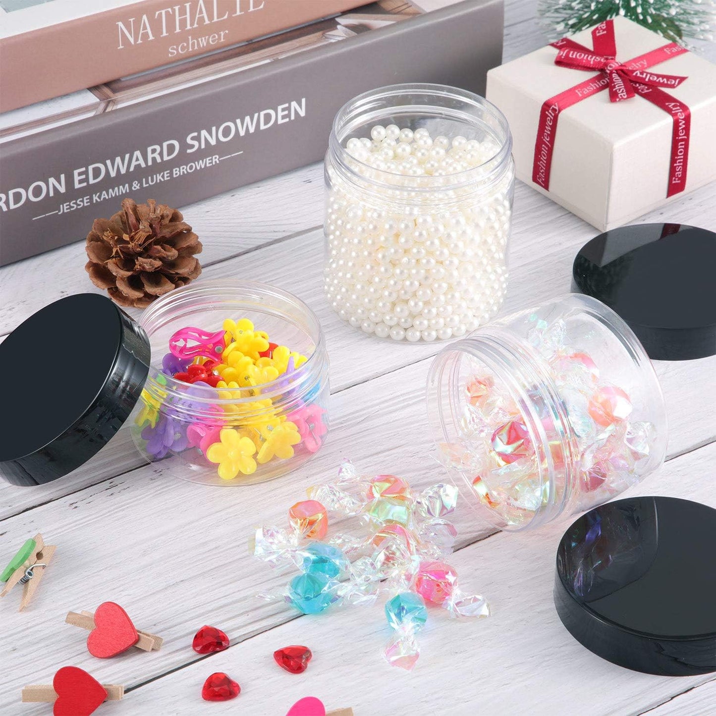 SATINIOR 24 Pieces Empty Clear Plastic Jars with Lids Round Storage Containers Wide-Mouth for Beauty Product Cosmetic Cream Lotion Liquid Butter Craft and Food (Black Lid, 4 oz)