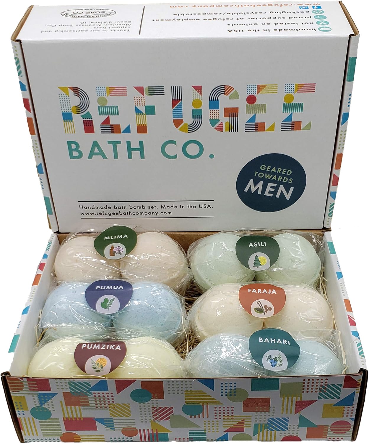 Mens Variety Bath Bombs, 2.5 oz Each, Cocoa Butter and Plant Based Ingredients, Vegan, Support Refugee Employment in The USA, Made in The USA