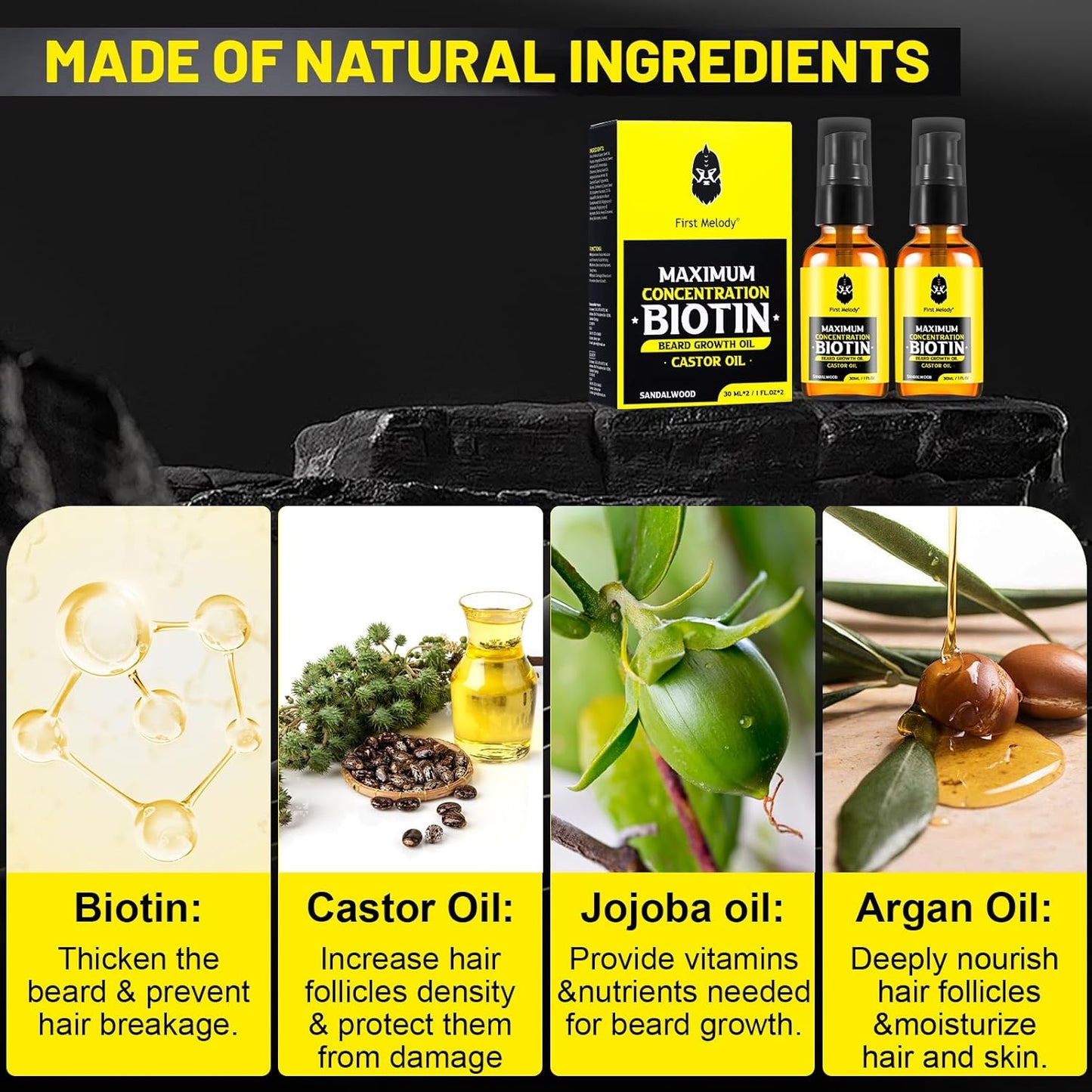 Beard Oil,Maximun Thickening Biotin, with Castor Oil and Argan & Jojoba Oils, Promotes Beard Growth, Styles, Strengthens & Softens Beards & Mustaches,1 Ounce*2（2 Pack）