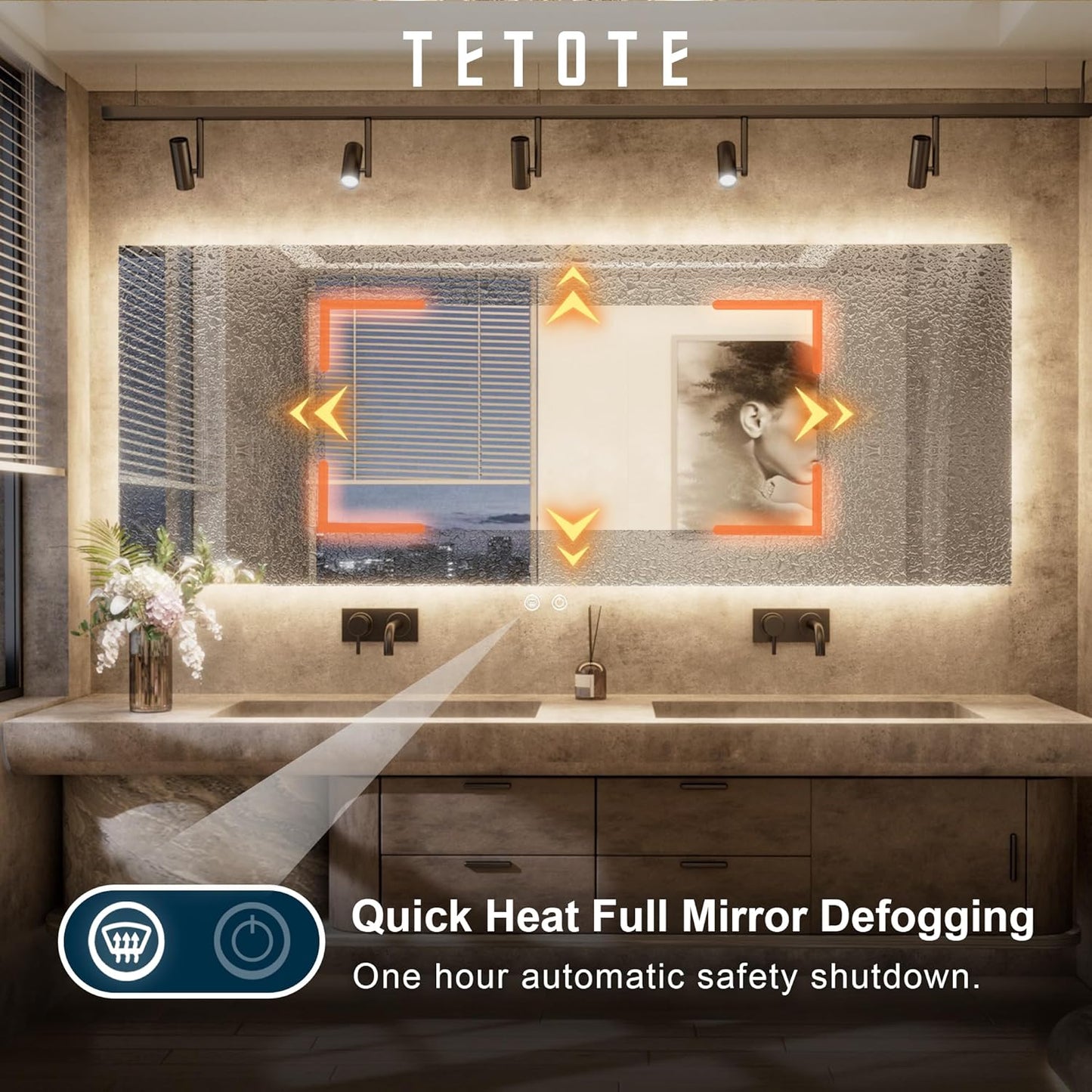 TETOTE 60 x 36 Inch LED Backlit Bathroom Mirror with Lights, 3Color White/Warm/Natural, Anti-Fog Lighted Mirror,Dimmable,Vanity Mirror,Wall Mounted