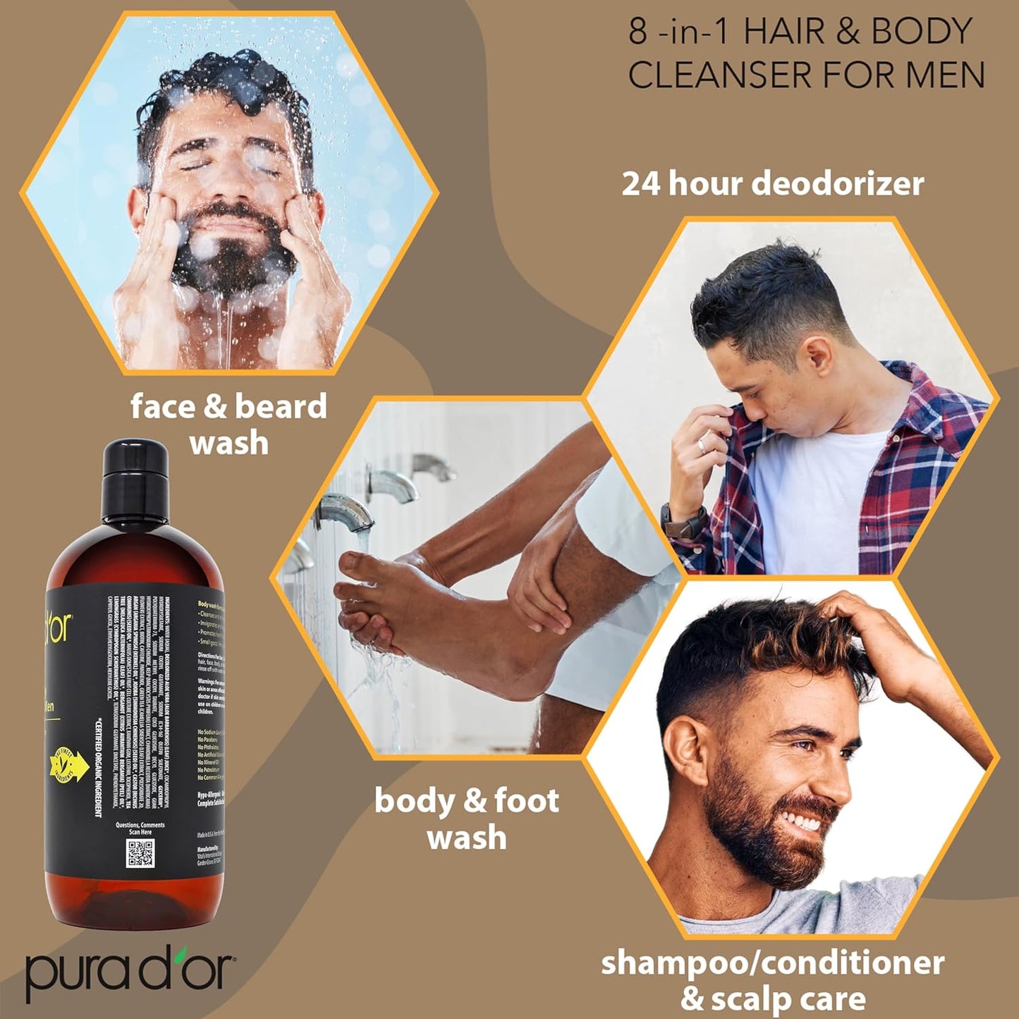 PURA D'OR 24 Oz 8-in-1 Hair & Body Cleanser For Men – Sulfate-Free, Multi-Use Wash for Hair, Face, Beard & Body, with Organic Aloe Vera, Cedarwood & Lemongrass, Energizing & Deodorizing Formula