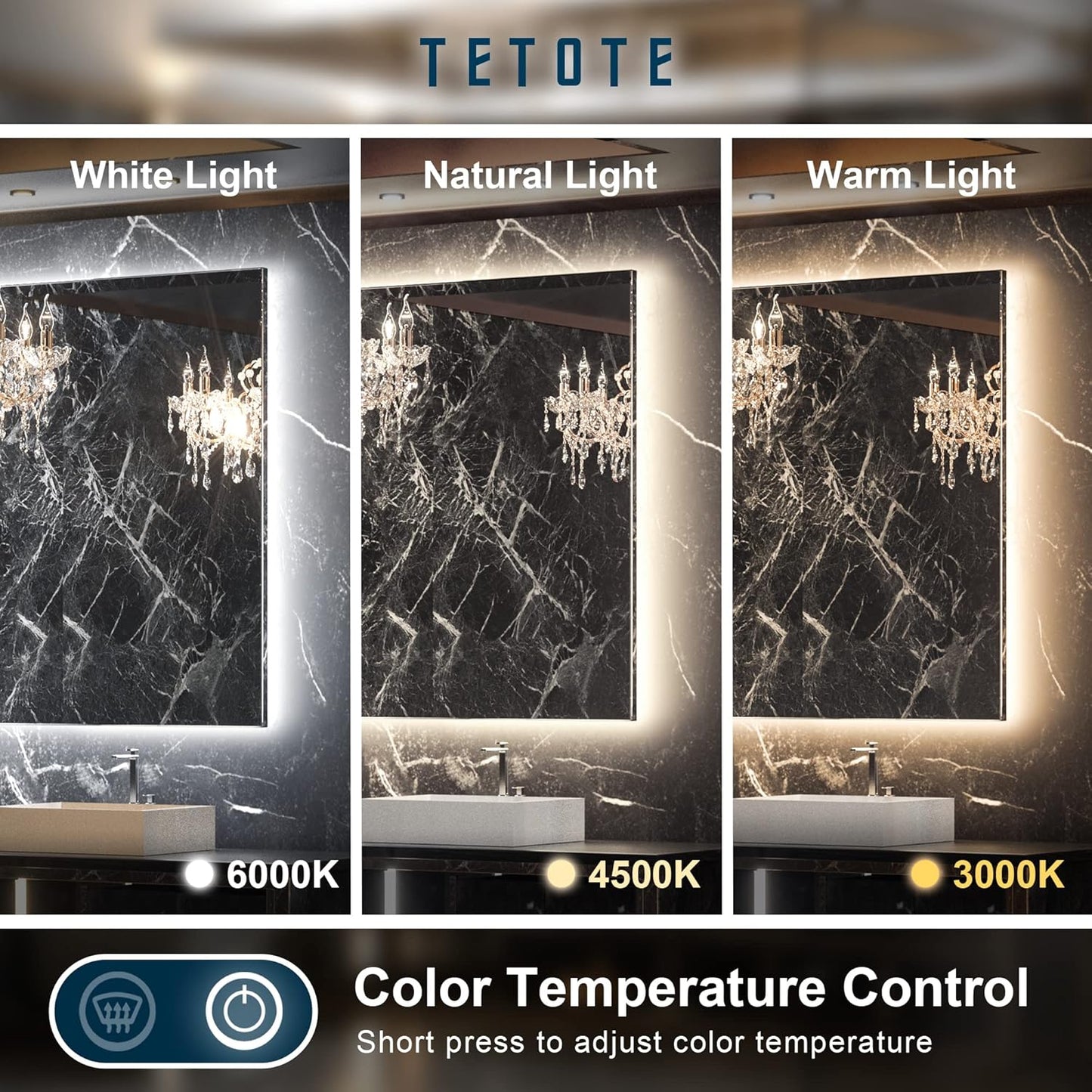 TETOTE 72 x 36 Inch LED Backlit Bathroom Mirror with Lights,3Color White/Warm/Natural,Anti-Fog Lighted Mirror,Dimmable,Vanity Mirror,Wall Mounted