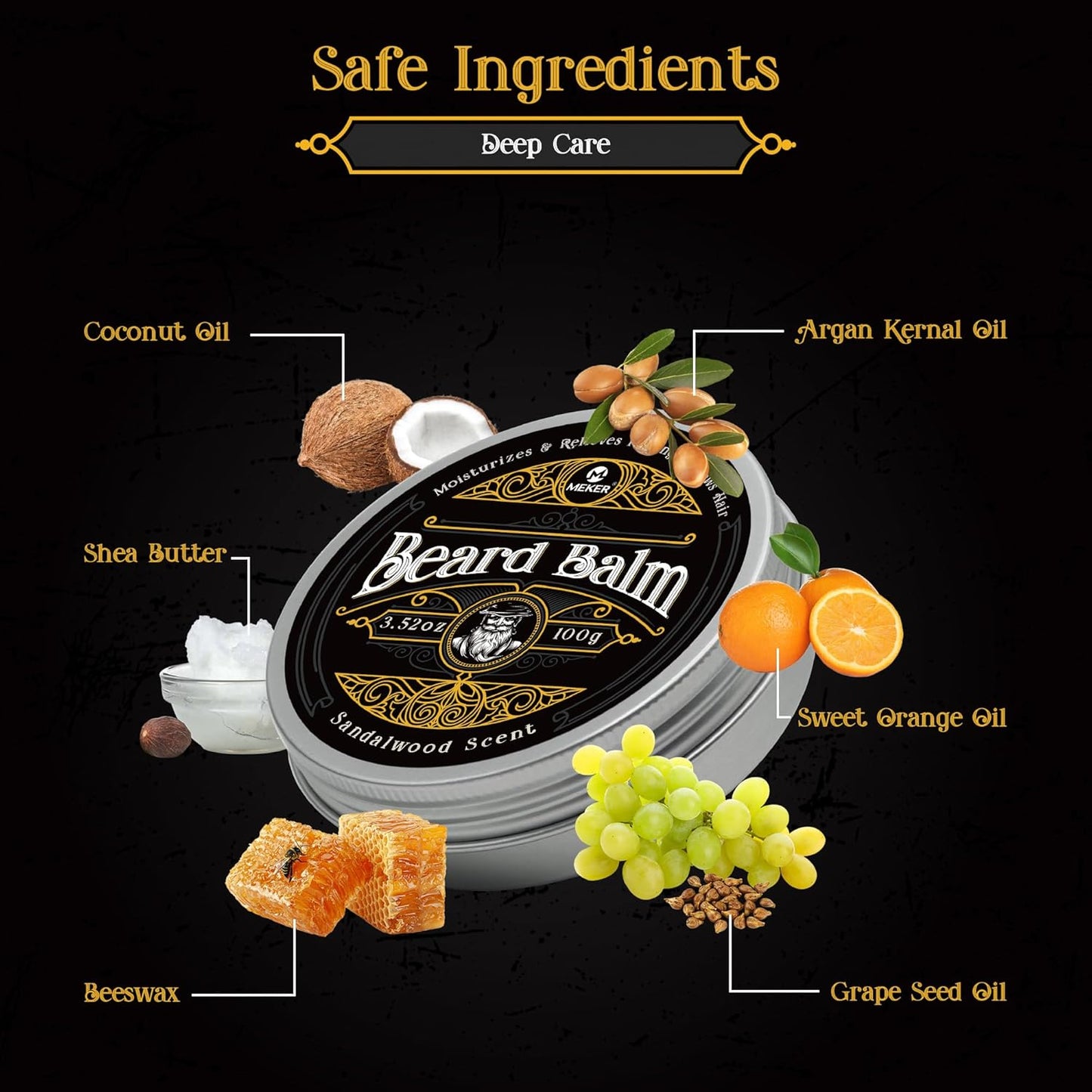 MEKER Beard Balm, Beard Softening Leave-in Balm with Brush, All-Natural Anti-Itch, Organic Beard Conditioner for Softening, Stops Itch, Grows, 7.04 OZ