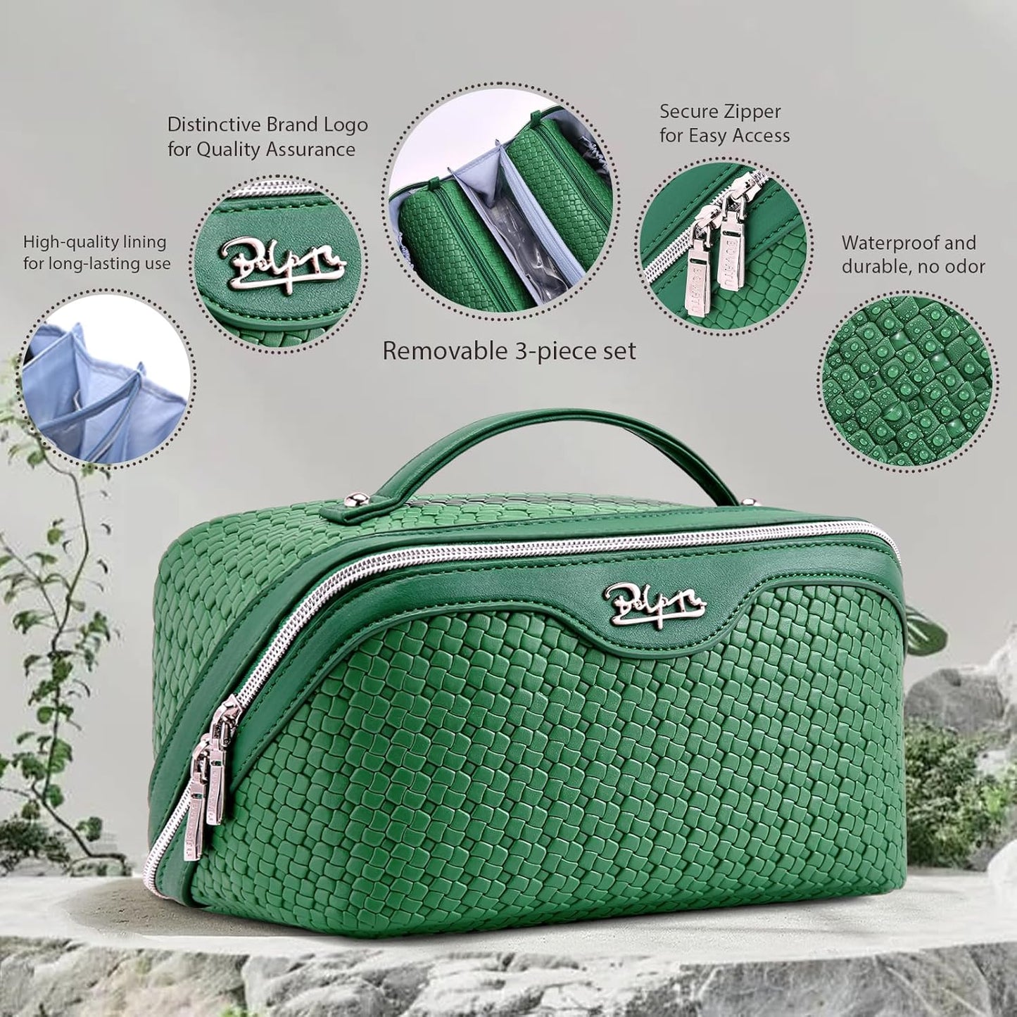 BOYATU Travel Makeup Bag Cosmetic Bags for Women: Large Capacity 3 Pcs Set Make up Bag with Compartments - Waterproof Vegan Leather Toiletry Organizer Bags with Handle - Travel Essentials(L12 Green)