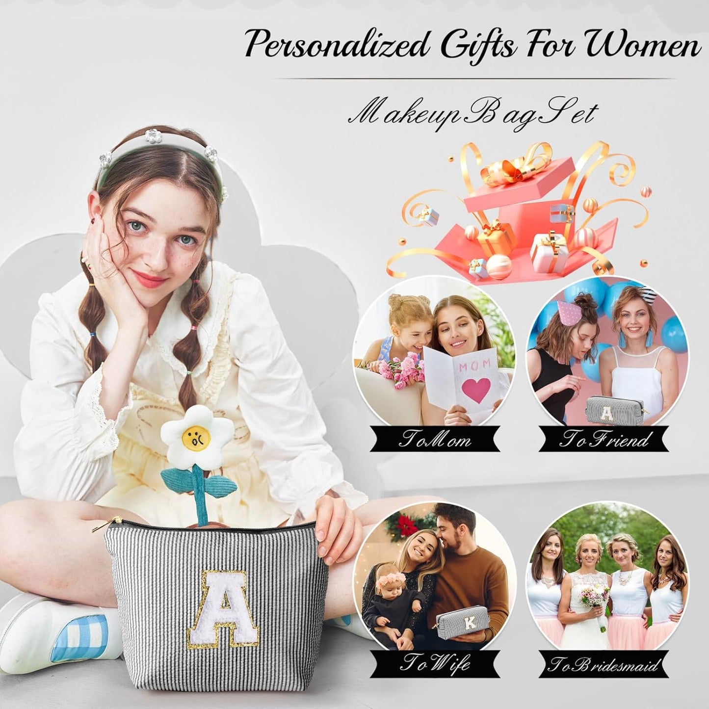 YOOLIFE Gifts - Personalized Mother's Day, Graduation & Birthday Gifts for Women & Girls - Monogram Initial Black Cute Makeup Bag Cosmetic Toiletry Pouch Make Up Case