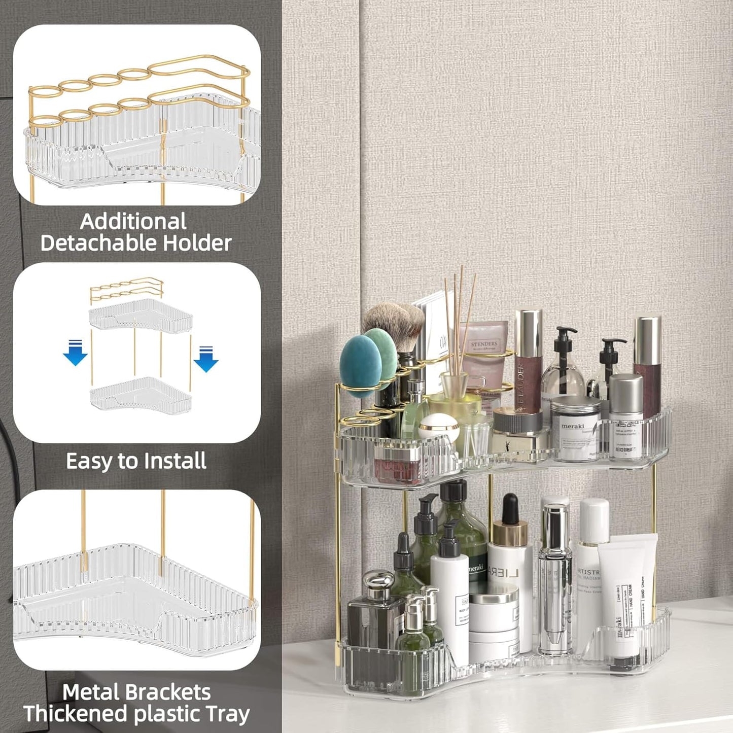 Makeup Organizer Countertop 2 Tier, Corner Bathroom Countertop Organizer with Toothbrush and Makeup Brush Holder, Corner Vanity Tray for Skincare Organization