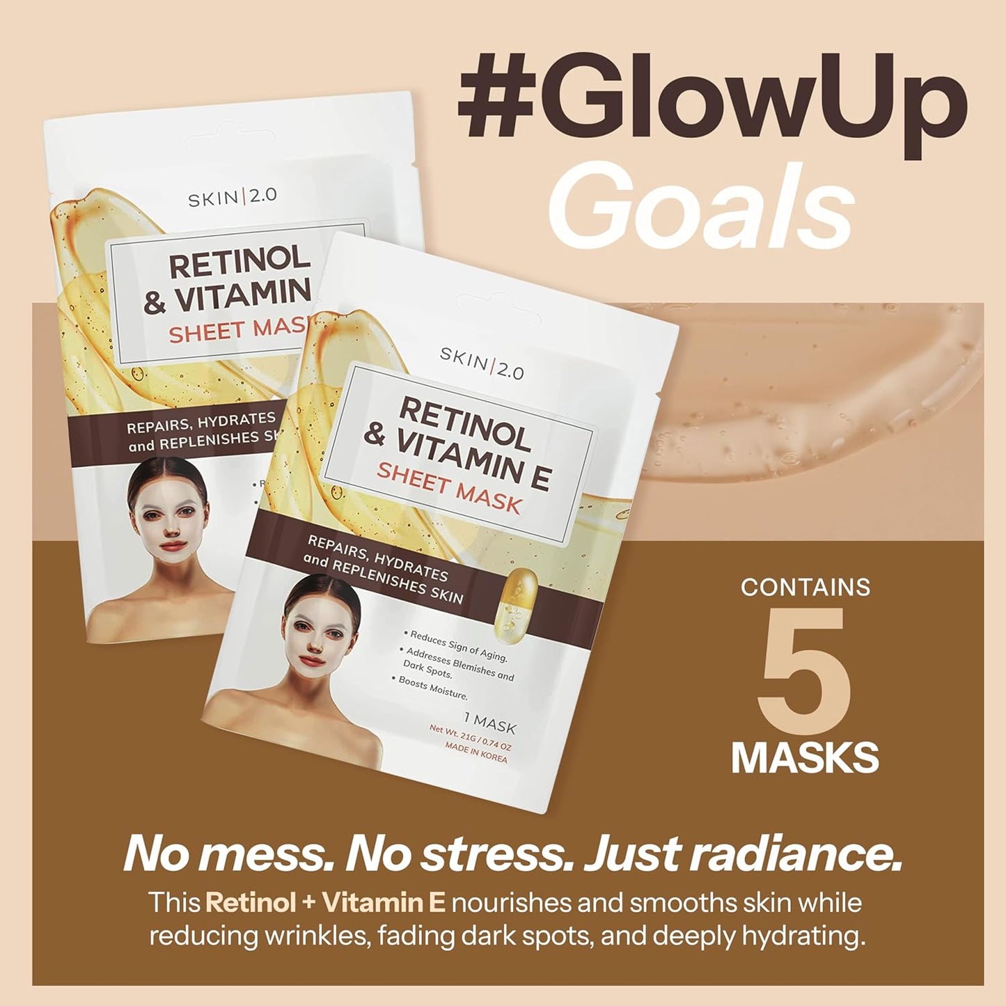 Retinol & Vitamin E Sheet Mask - Anti-Aging, Acne Scar & Hyperpigmentation - Hydrating, Dermatologist Tested Korean Skincare - Clean Beauty, Cruelty-Free, All Skin Types - 5 Masks