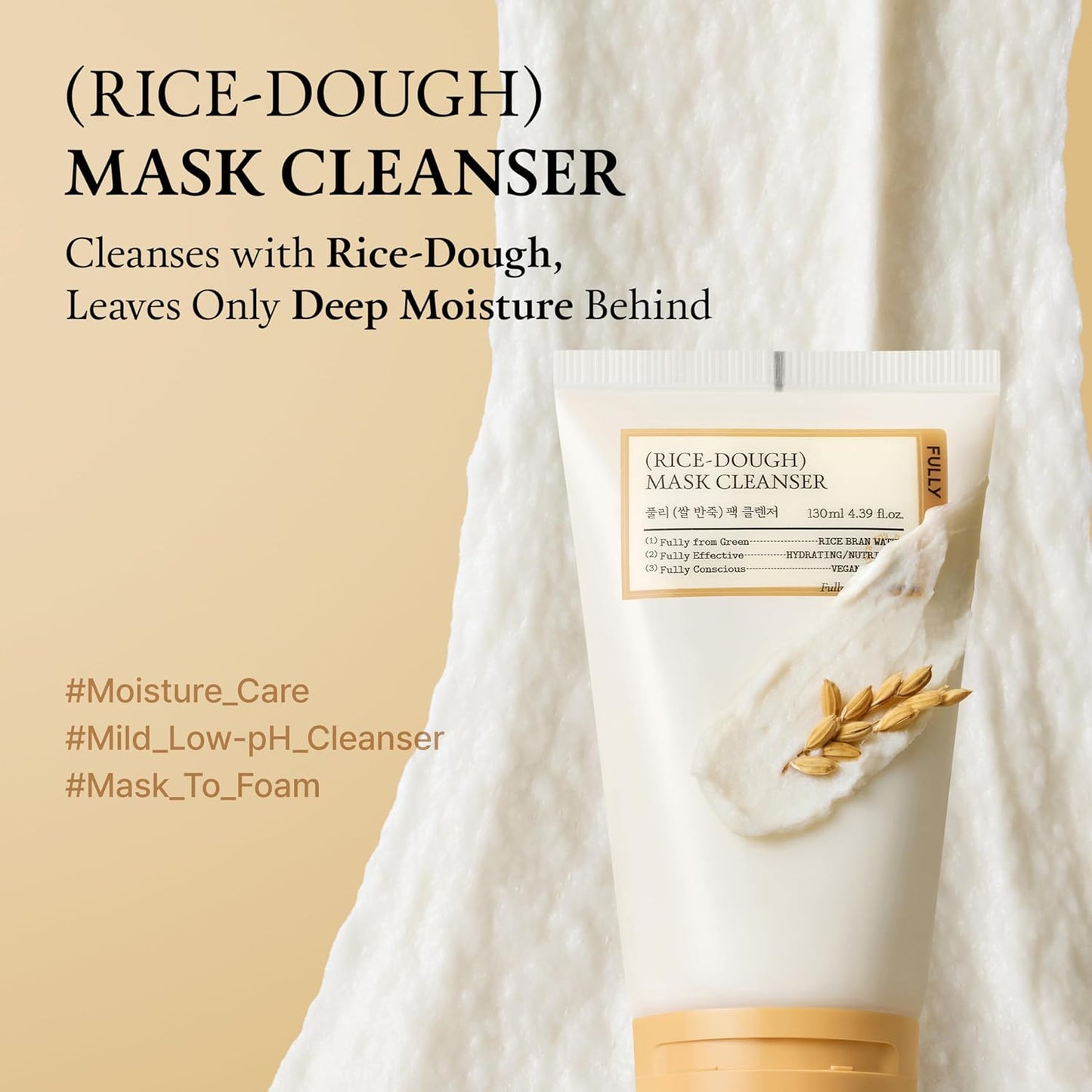 FULLY Rice-Dough Mask Cleanser, Hydrating Mask, Nourishing, Low-pH Formula, Clear Pores, Face Wash, Dry & Sensitive Skin, Vegan Korean Skincare 4.39 fl.oz