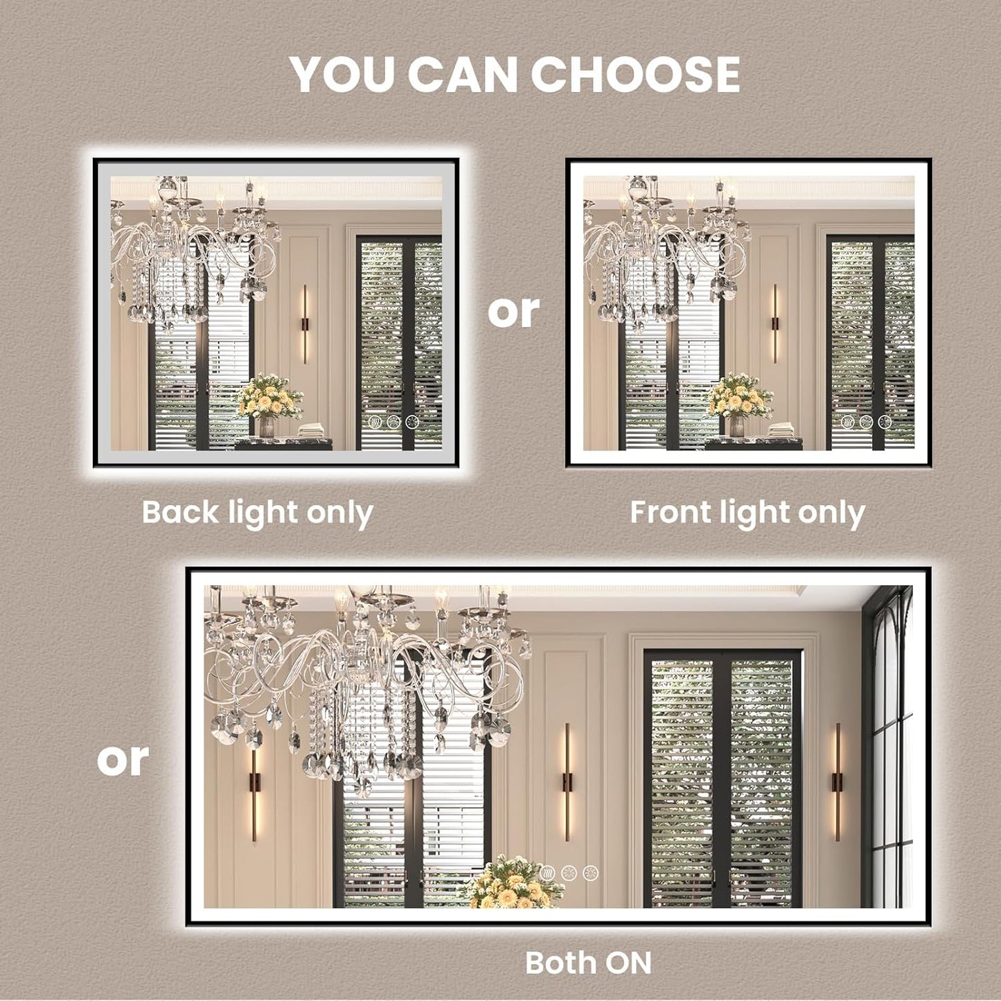 Amorho 72"x 36" LED Bathroom Mirror with Black Frame, Front Light and Backlit(Controlled Separately), Stepless Dimmable, Anti-Fog, Shatter-Proof, 3 Colors, Memory