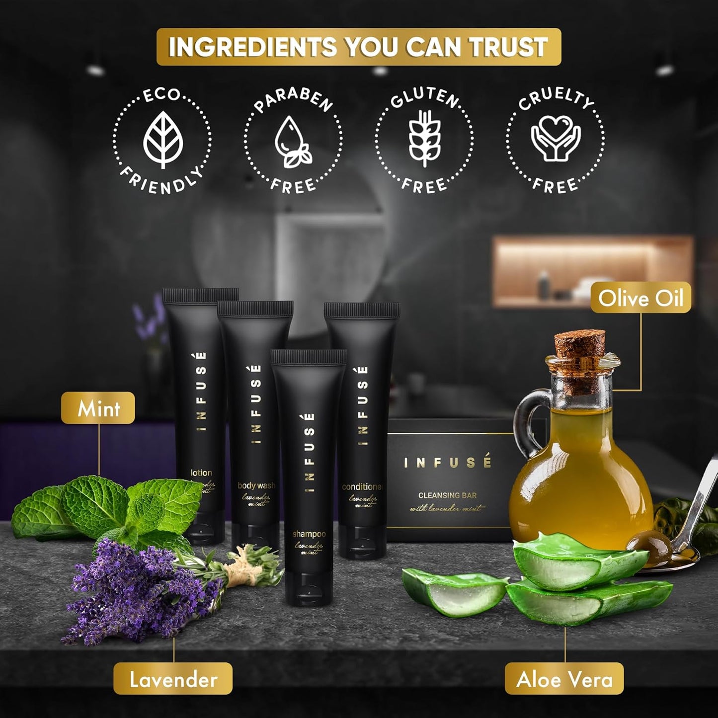 Infuse Black Amenity Kit | Boxed Hotel Toiletries | Bulk Set 1 oz Travel Size Shampoo, Conditioner, Lotion, Body Wash & Cleansing Bar for Guest Hospitality AirBnB/Vacation Rentals | 75 Pieces