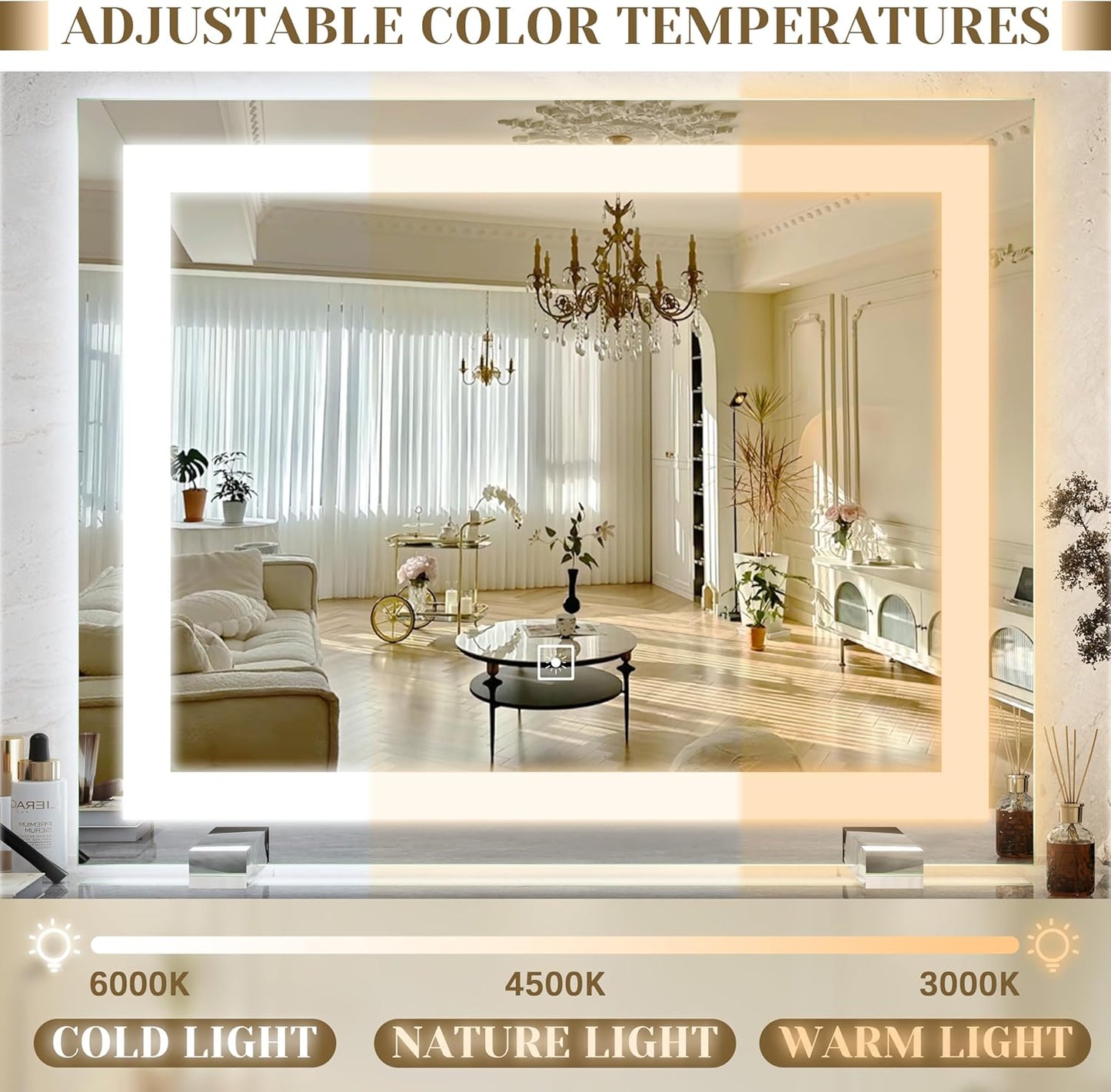 22x20 Inch Lighted Vanity Mirror, 3-Mode Touch Dimming LED Lighting, Large Makeup Mirror for Dressing Room, Tabletop or Wall-Mounted, White