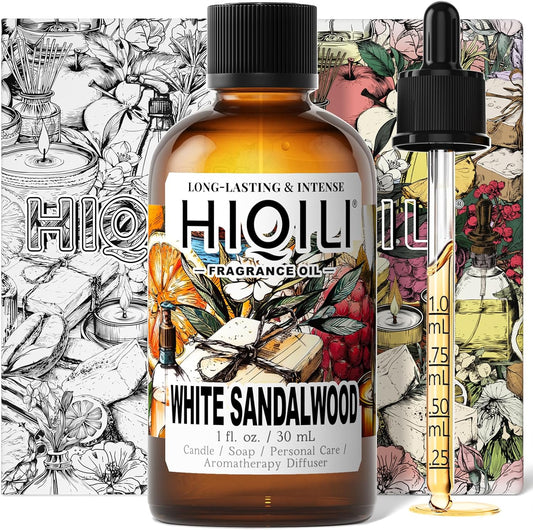 HIQILI White Sandalwood Fragrance Oil for Making Candle, Scented Home Decor, Room Spray, Skin & Body, Essential Oil Diffuser - 1 Fl Oz