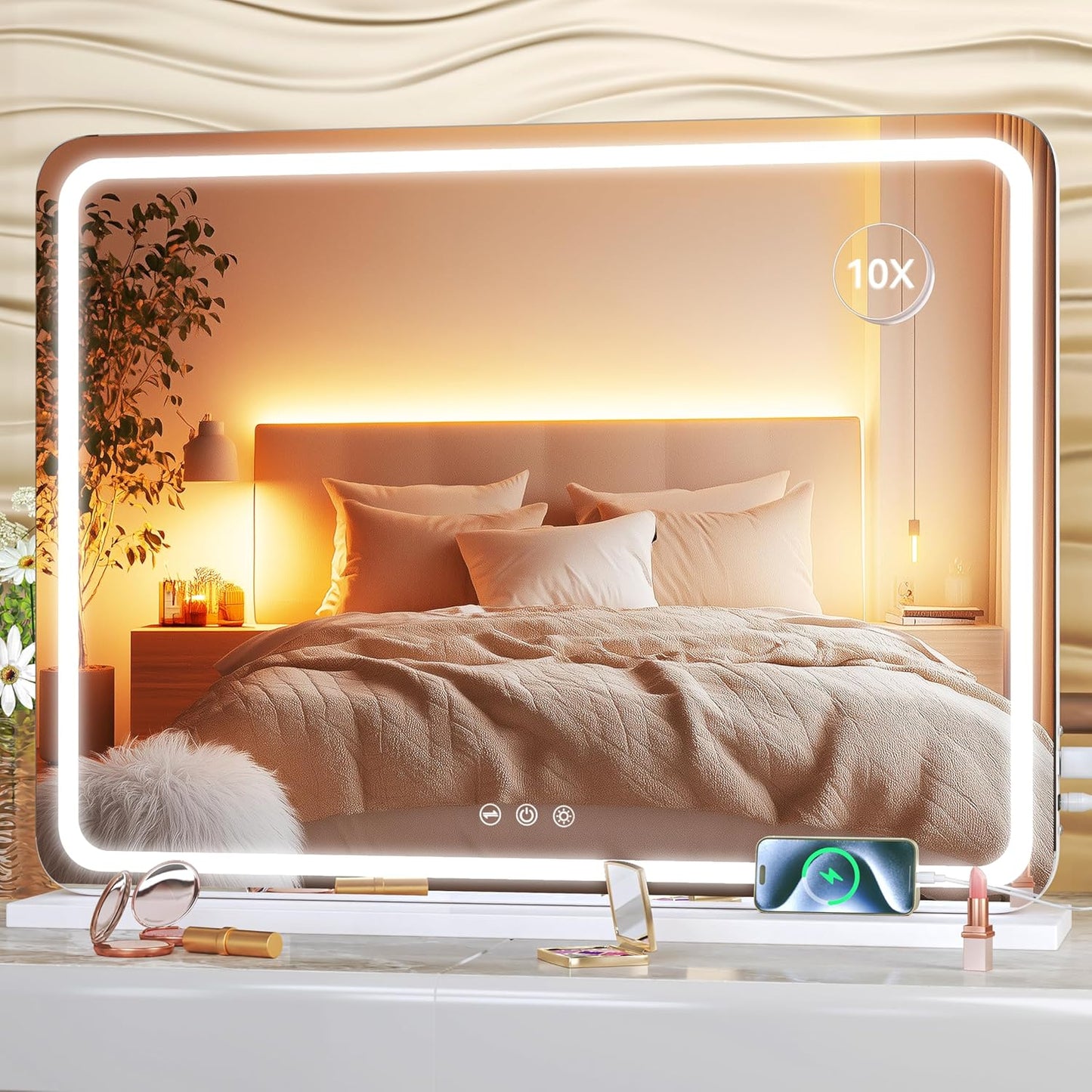 Hasipu Vanity Mirror with Lights, 22.8" x 18" LED Makeup Mirror, Lighted Makeup Mirror with Dimmable 3 Modes, Touch Screen Control Vanity Mirror Round White