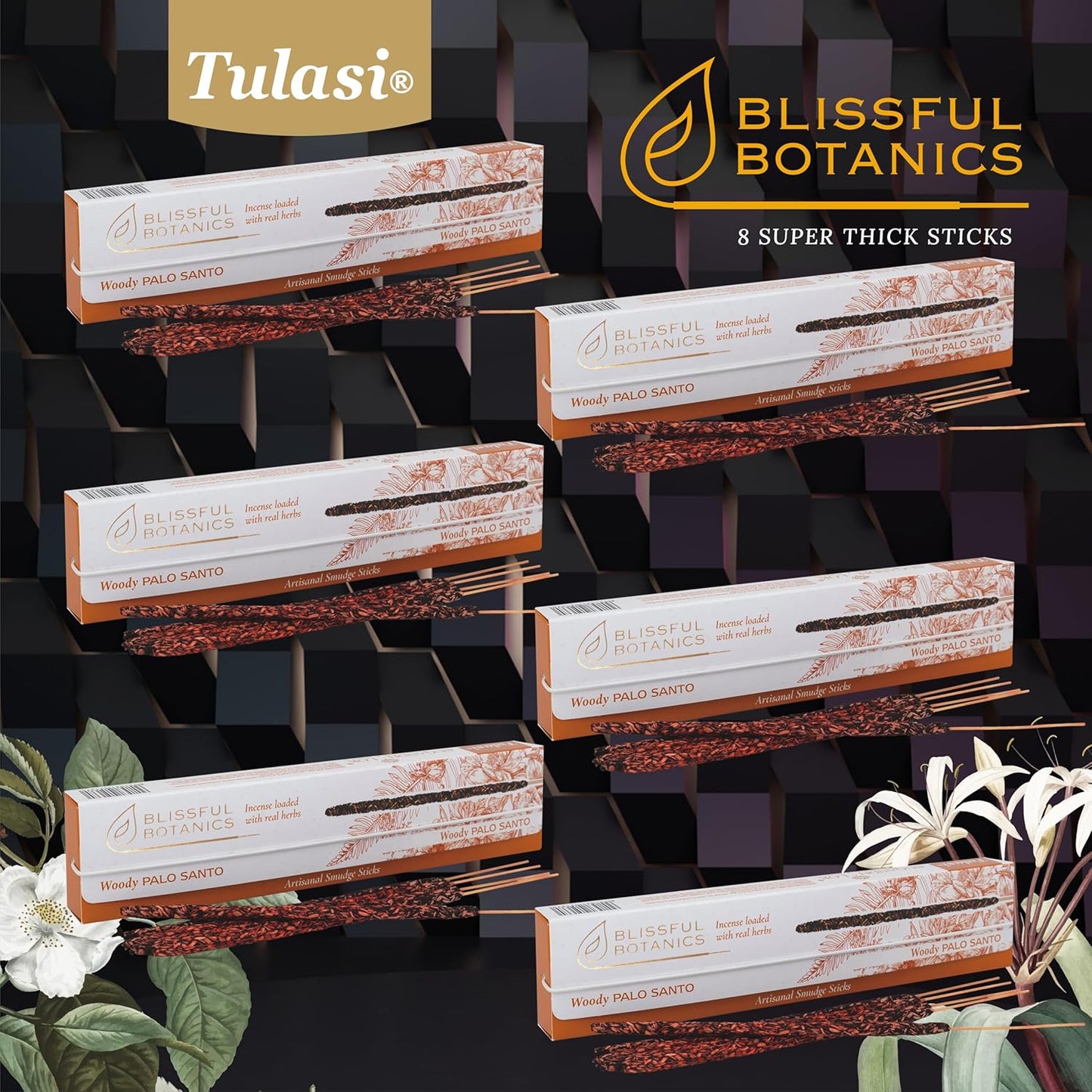 Tulasi Palo Santo Smudge Incense Sticks Pack – 48 Natural Smudge Sticks (6 Boxes x 8) | Long Burning (55 Min) | Aromatherapy, Spiritual Cleansing, Meditation, Mood Lifting, Air Purifying Incense