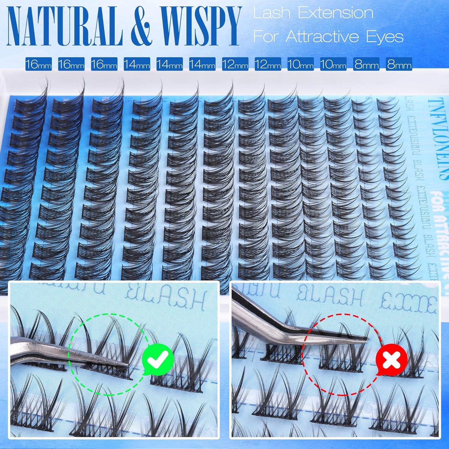 Wispy Lash Extension Kit Natural Lash Clusters Kit D Curl Eyelash Extension Kit DIY Cluster Eyelash Extensions Kit 8-16MM Individual Lashes Clusters with Bond and Seal and Tweezers by TNFVLONEINS