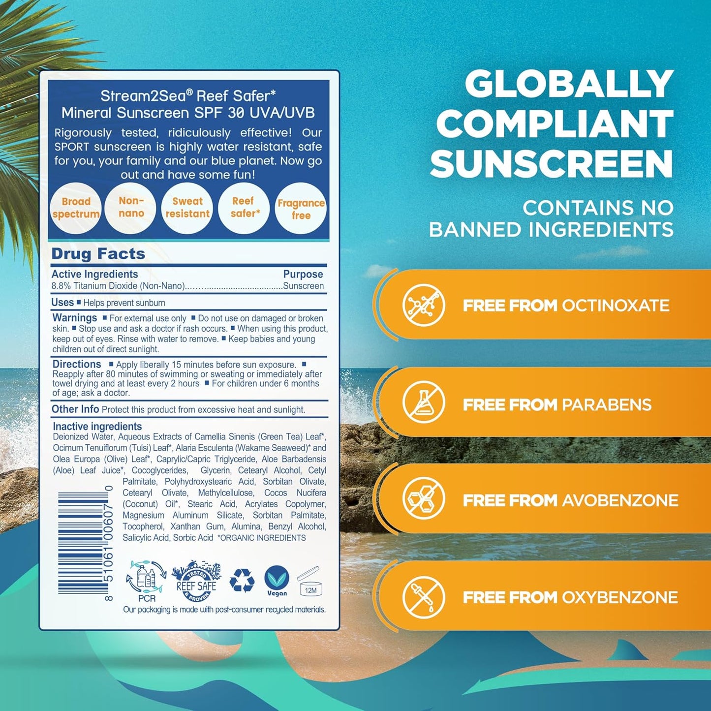 STREAM 2 SEA SPF 30 Biodegradable Mineral Sunscreen, 3 Fl oz Non-Greasy and Moisturizing Reef Safe Sunscreen For Face Protection and Body Against UVA and UVB