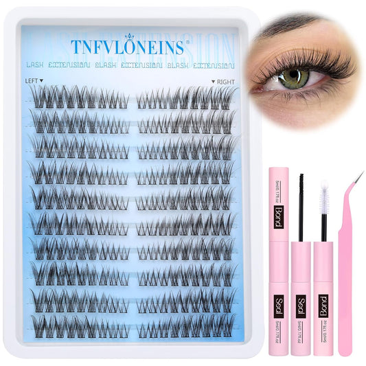 TNFVLONEINS Wispy Lash Extension Kit Left&Right Eyelash Extension Kit Natural Lash Clusters Kit 180Pcs Cluster Eyelash Extensions Kit C Curl Individual Lashes with Bond and Seal and Tweezers
