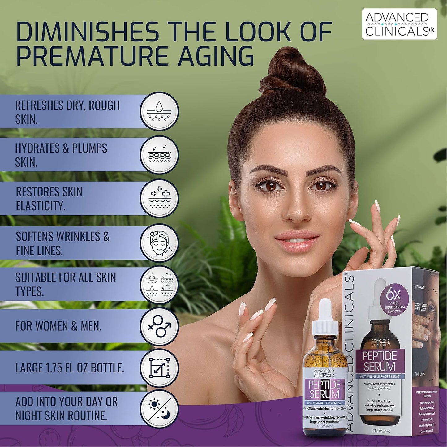 Advanced Clinicals 6X Concentrate Peptides Serum For Face | Hydrating + Firming Anti Wrinkle Collagen Peptide Moisturizer Face Oil W/Vitamin E For Wrinkles, Puffiness, & Uneven Skin Tone, 1.75 Fl Oz