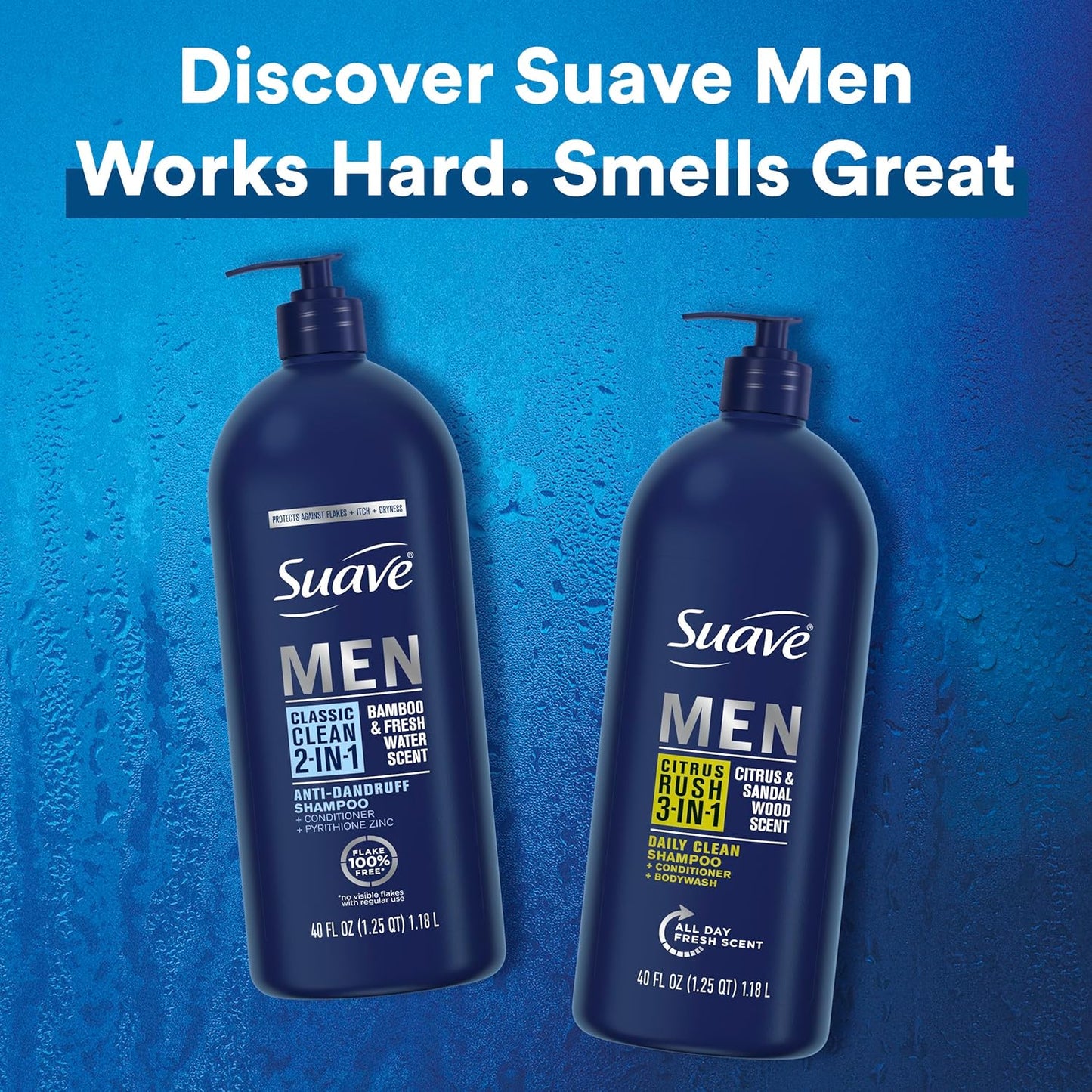 Suave Men 2 in 1 Anti Dandruff Shampoo and Conditioner, Classic Clean with Bamboo scent, 40 oz Pack of 3
